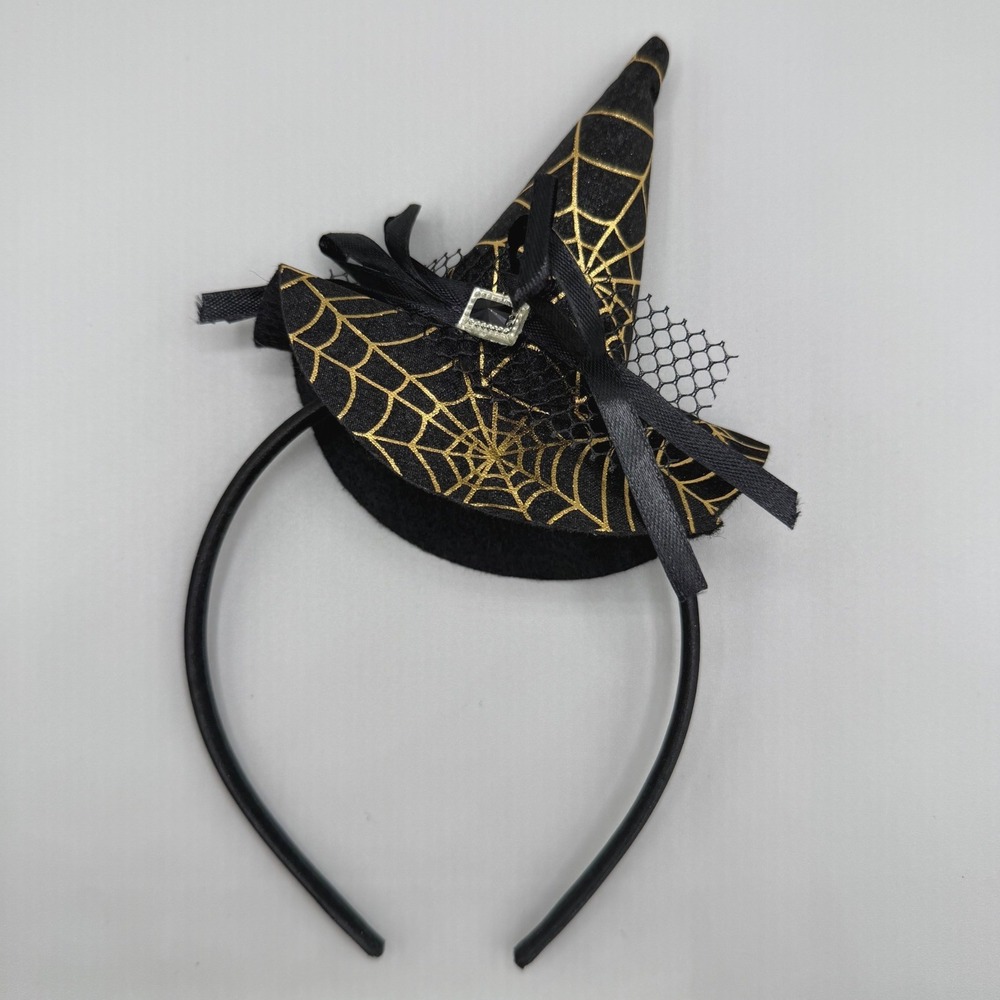 Halloween Witch Hat Headband Gold Black Spiderweb Foil Mesh Veil Costume Hat